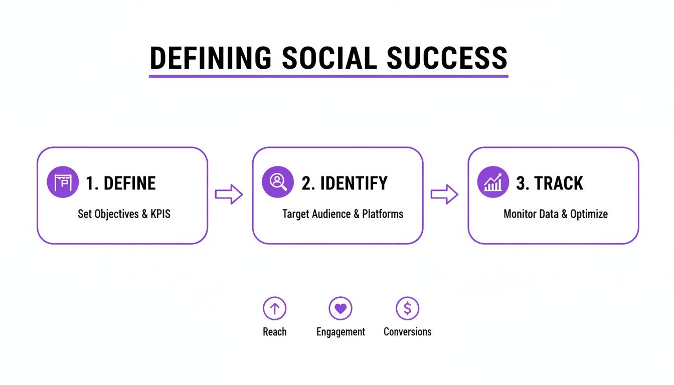 A three-step guide to defining social media success, covering define, identify, and track, with key metrics.