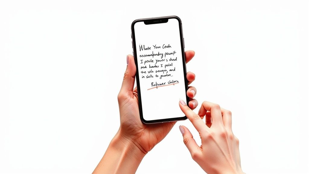 A person writing a message on their phone to request a LinkedIn recommendation.