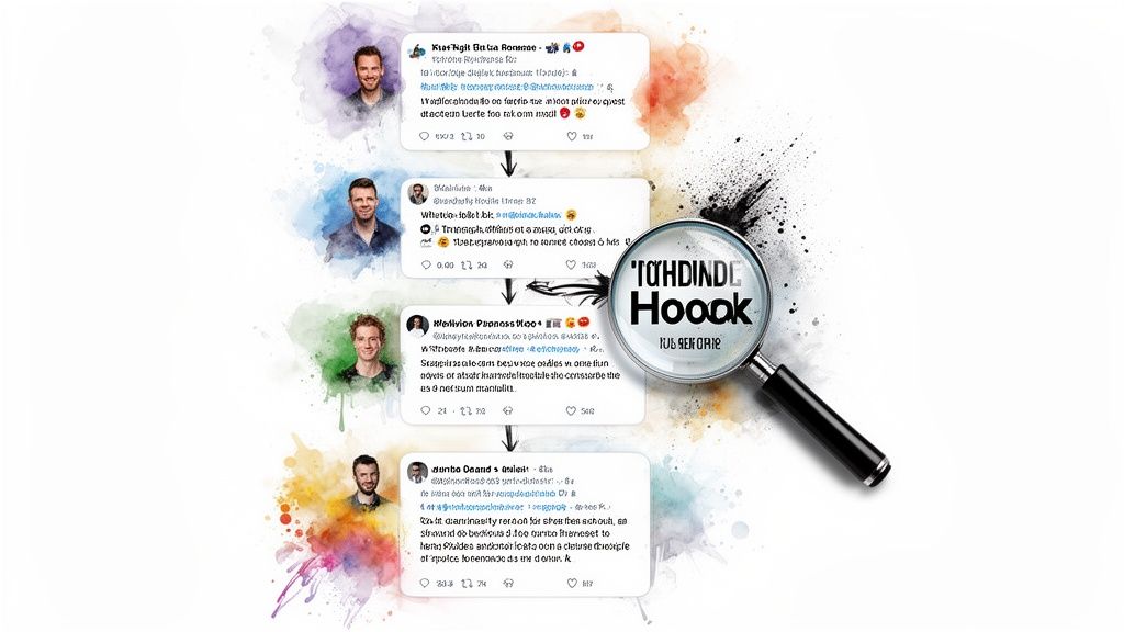 A visual representation of a Twitter-like thread with profile pictures, watercolor splashes, and a magnifying glass.