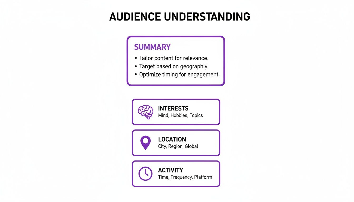 An infographic titled 'Audience Understanding' outlining summary, interests, location, and activity for engagement.
