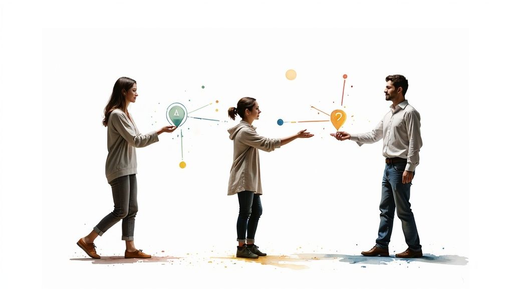 A group of people collaborating around a table with social media icons above them