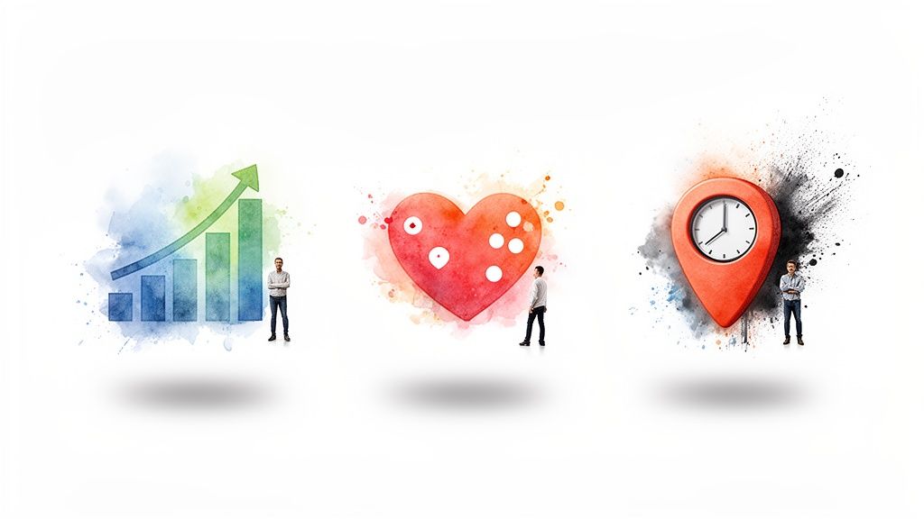 Watercolor illustrations showing a growth chart, a heart, and a time-location pin, each with a man.