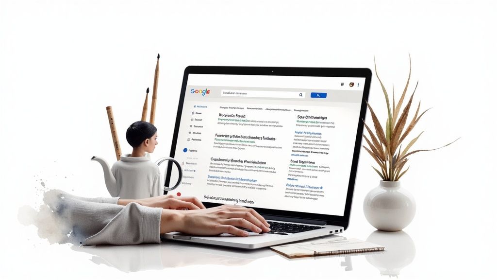 Hands typing on a laptop displaying a Google search page with creative art elements.