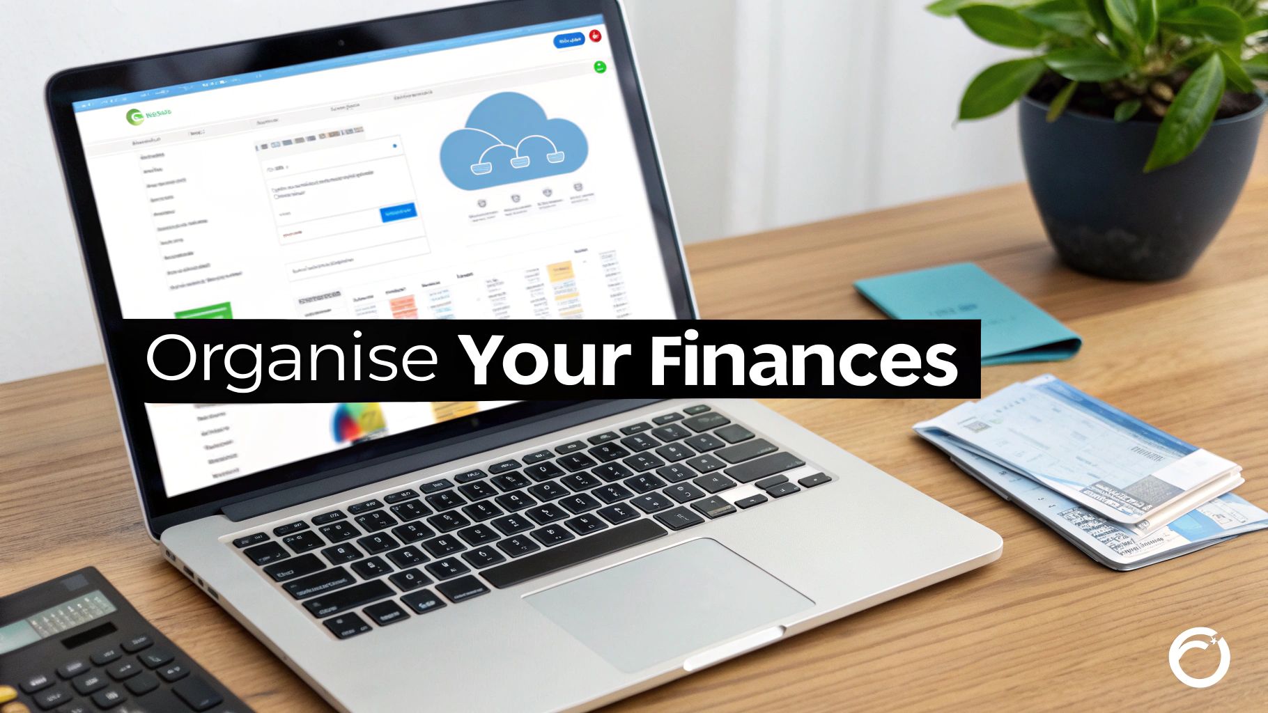 A desk with a laptop displaying financial software, a calculator, documents, and a plant. A banner says Organise Your Finances.