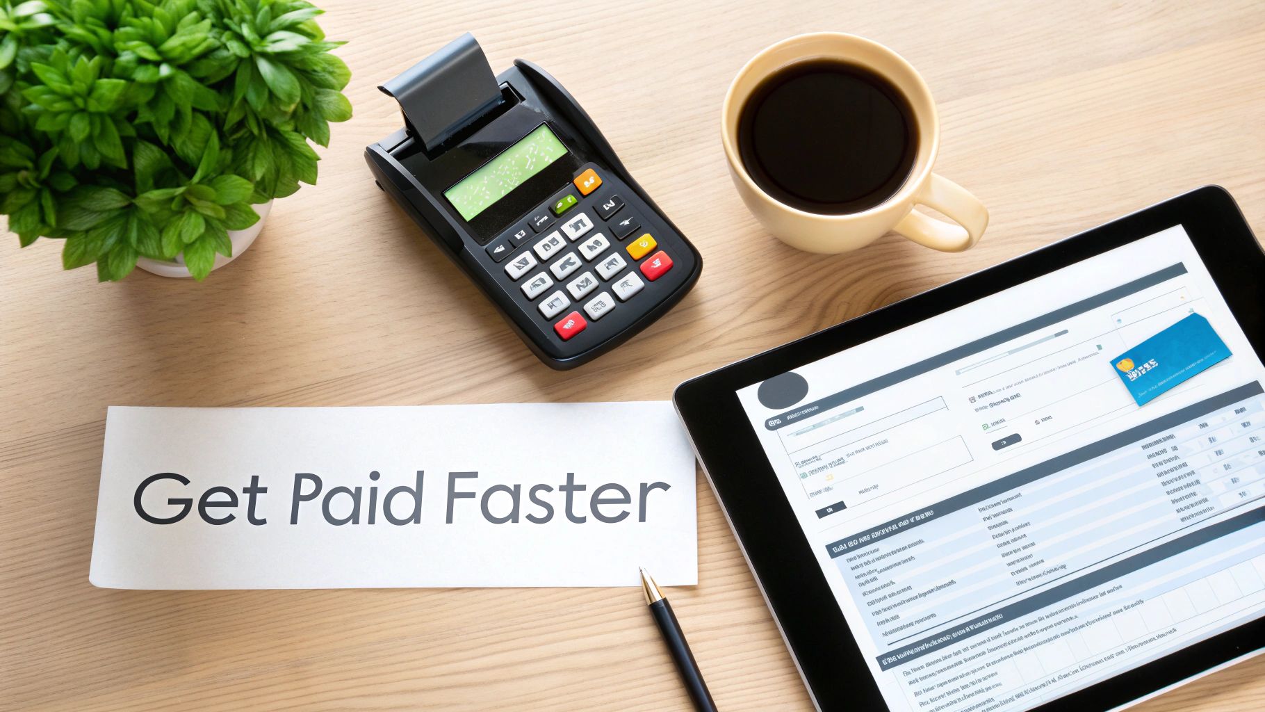 Overhead view of a business desk with a 'Get Paid Faster' sign, tablet, and POS terminal.