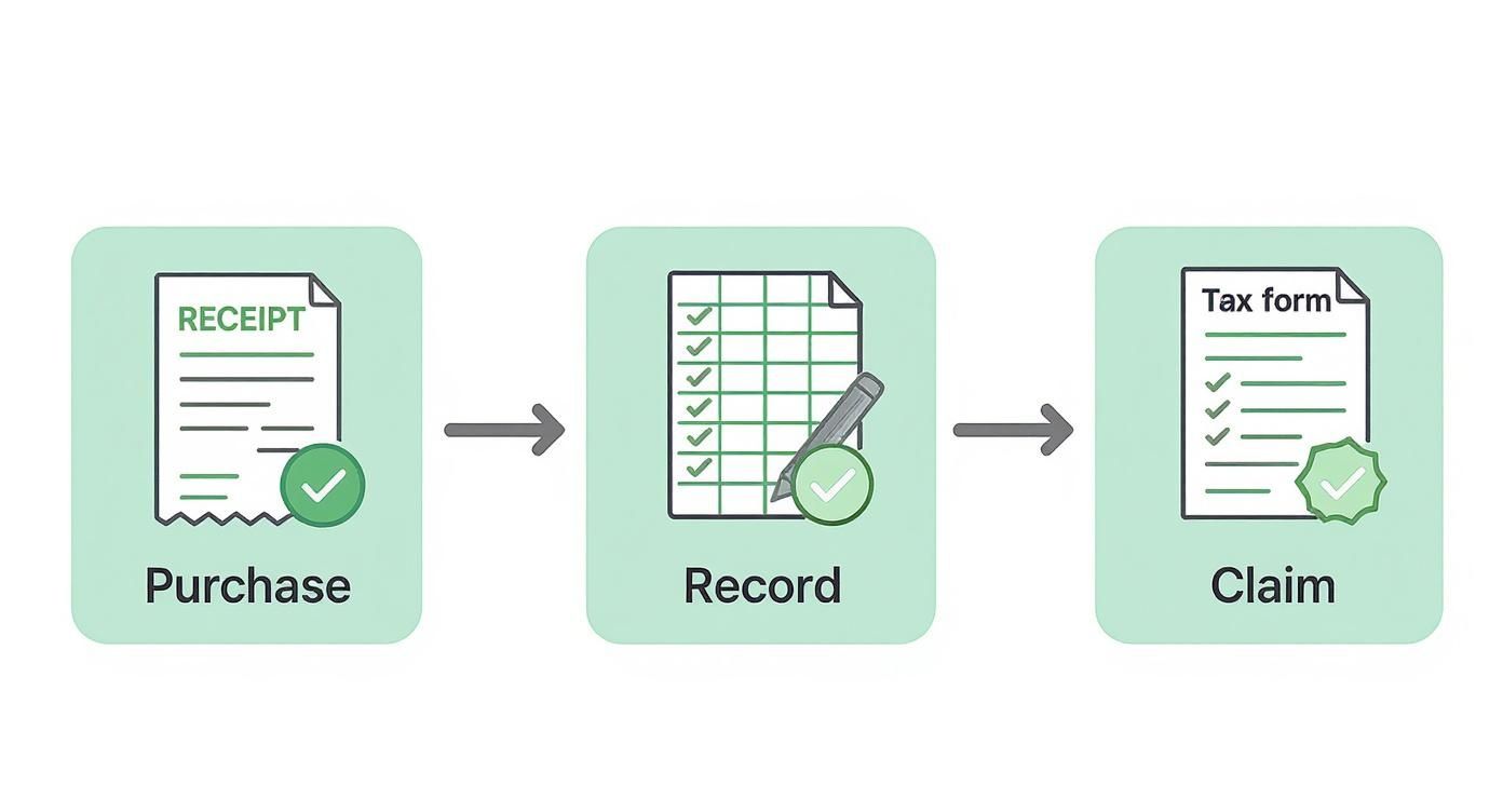 Infographic showing the process of claiming allowable expenses, from purchase to recording to claiming on a tax form.