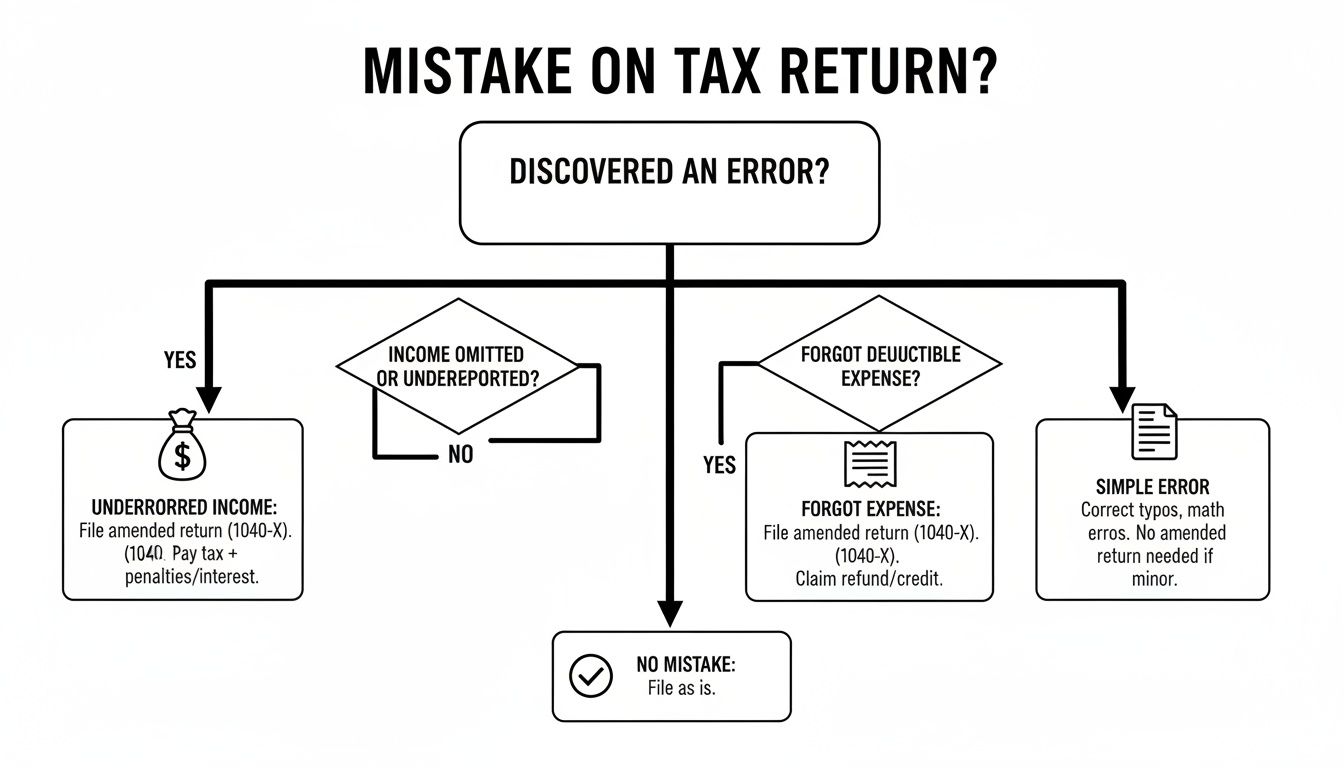 Flowchart guiding users on how to address different types of mistakes found on a tax return.