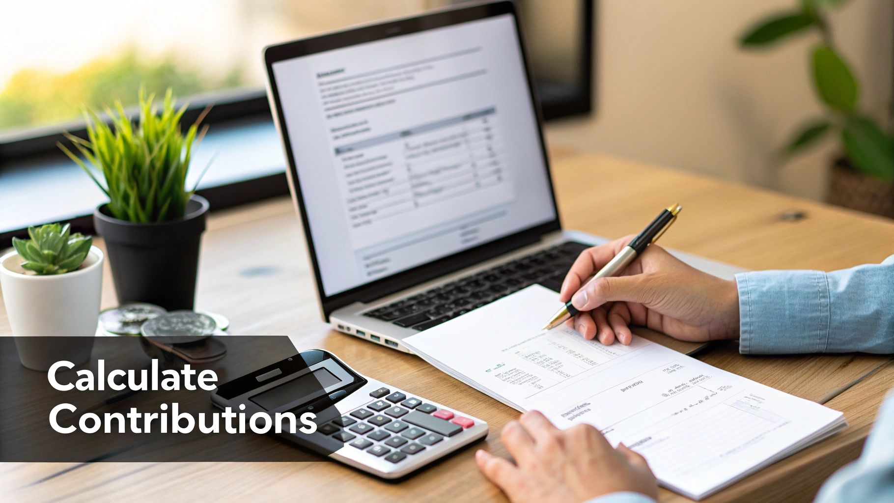 Hands calculating financial contributions with a calculator, laptop, and documents on a wooden desk.