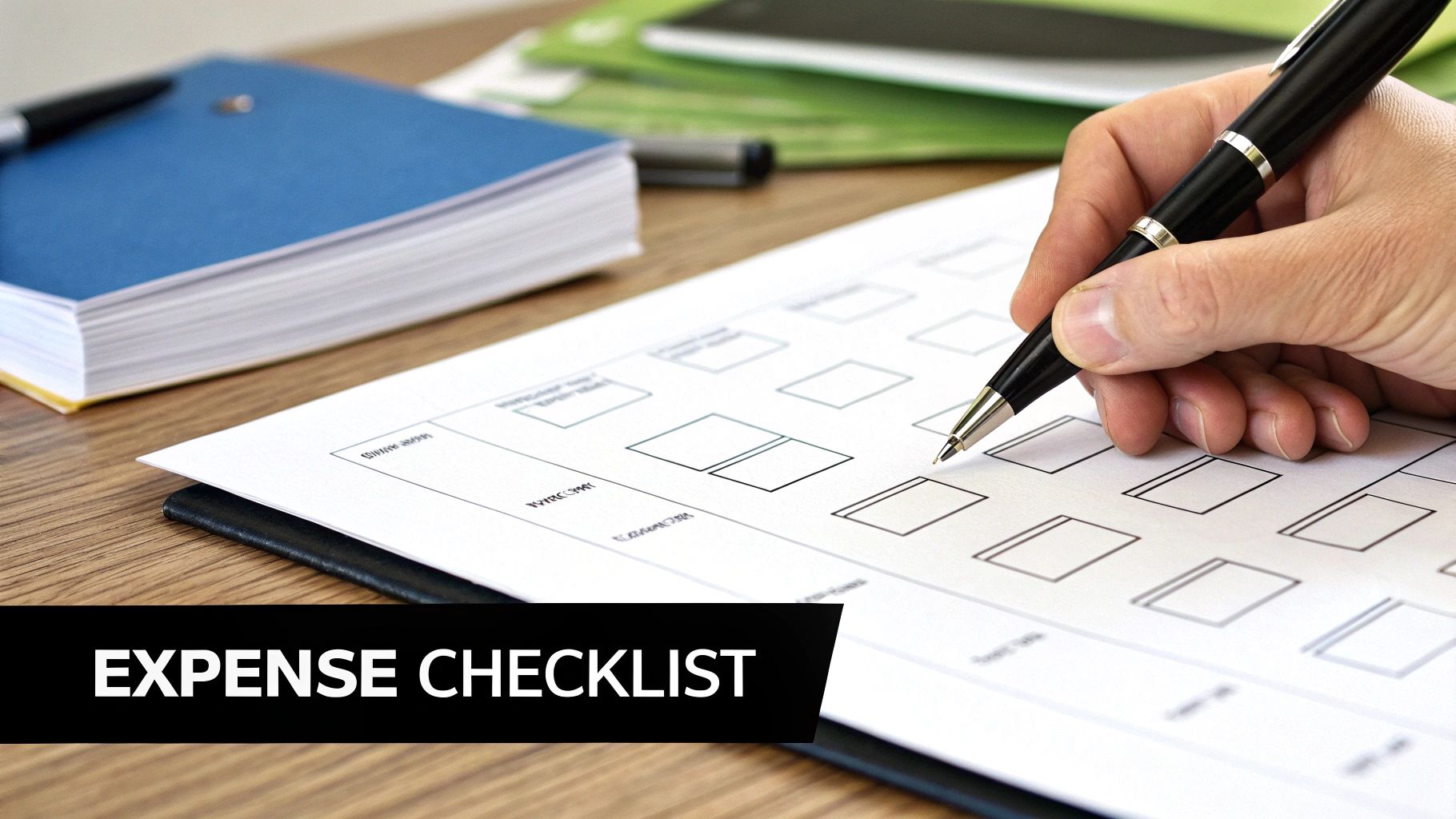 A person reviewing a checklist of documents at a desk