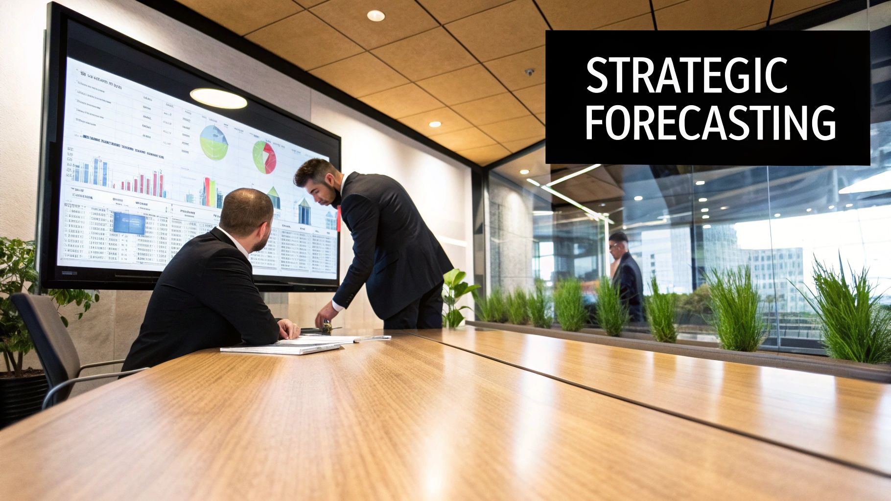 A person pointing at a financial chart on a screen, illustrating strategic planning.