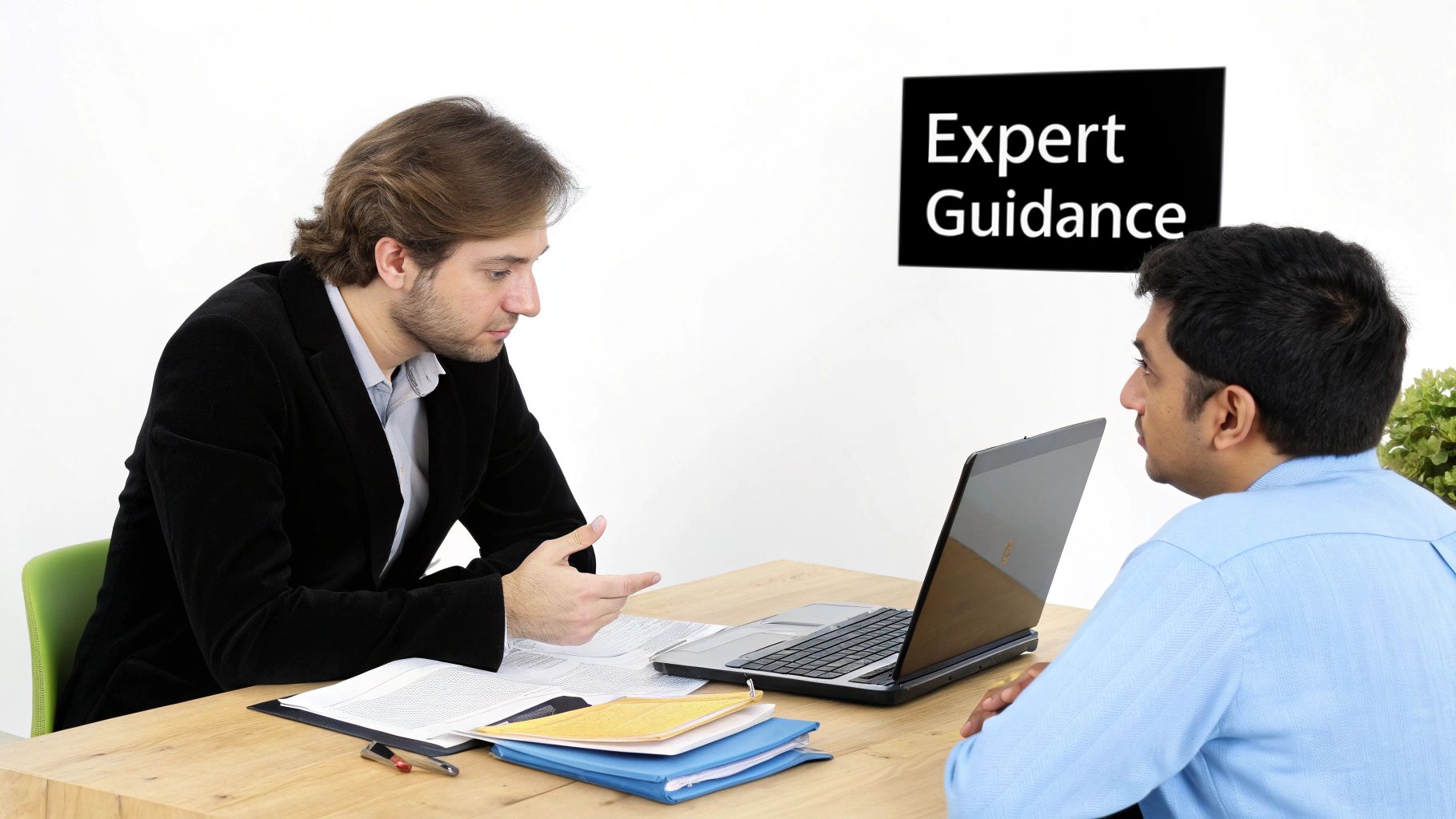 Two professionals receiving expert guidance during a business consultation at a desk.