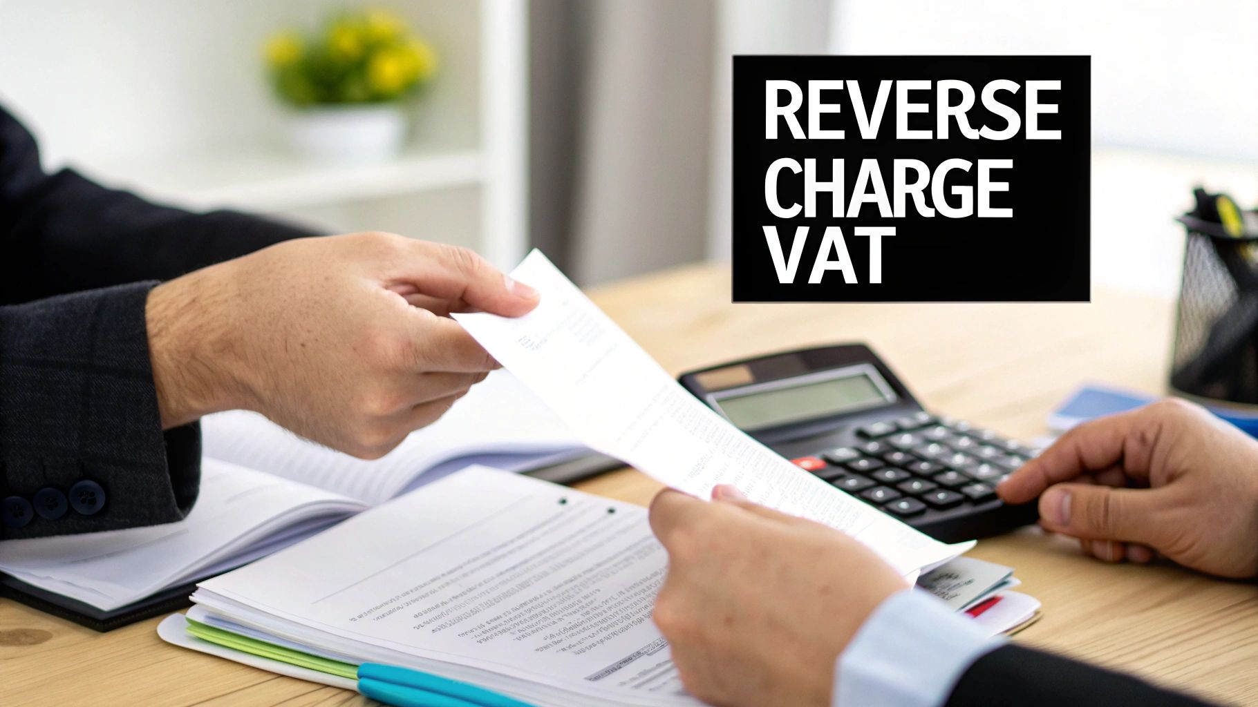 Hands exchanging financial documents on a desk with a calculator and 'REVERSE CHARGE VAT' text.