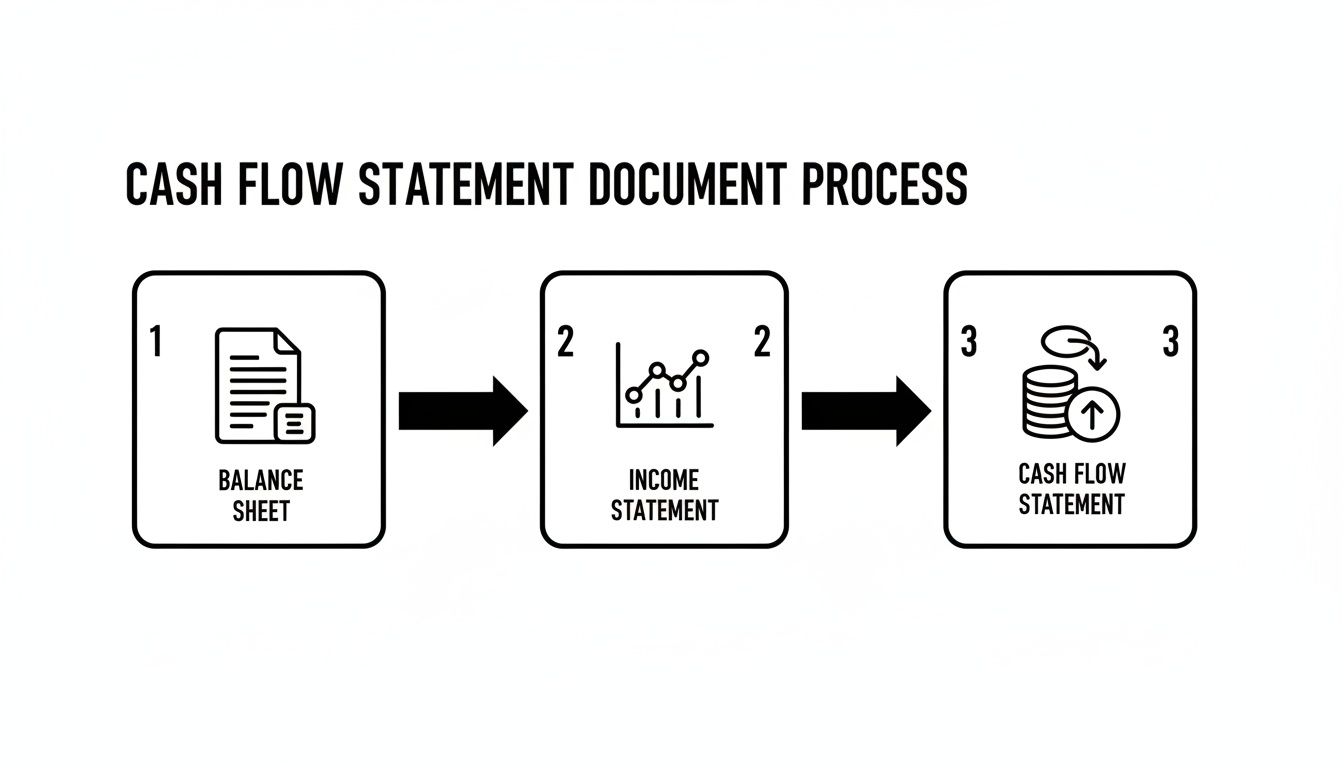 A sequential diagram illustrating the process of preparing a cash flow statement from financial documents.