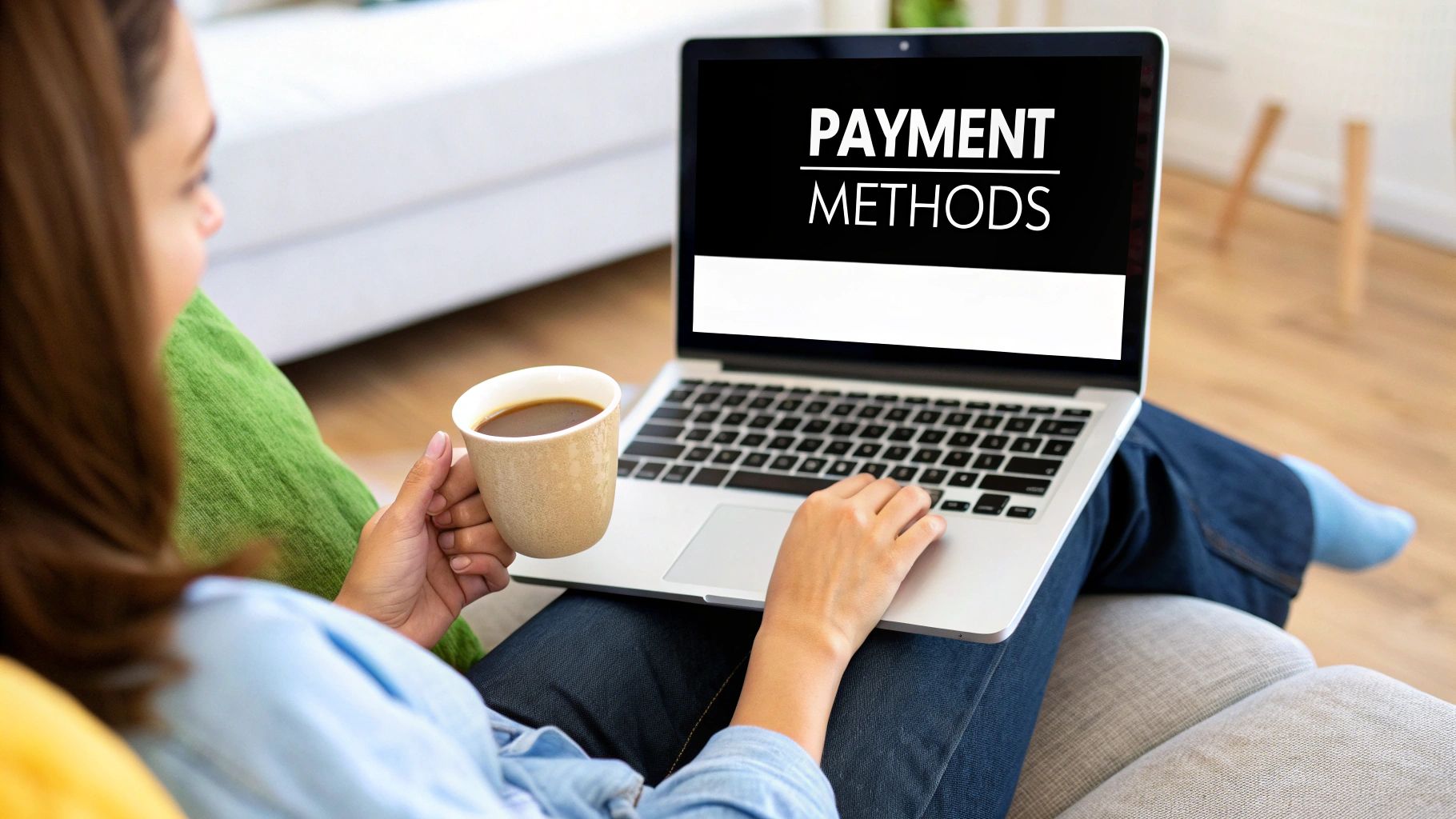 A close-up of a person's hand using a debit card to make an online payment on a laptop, signifying VAT payment methods.