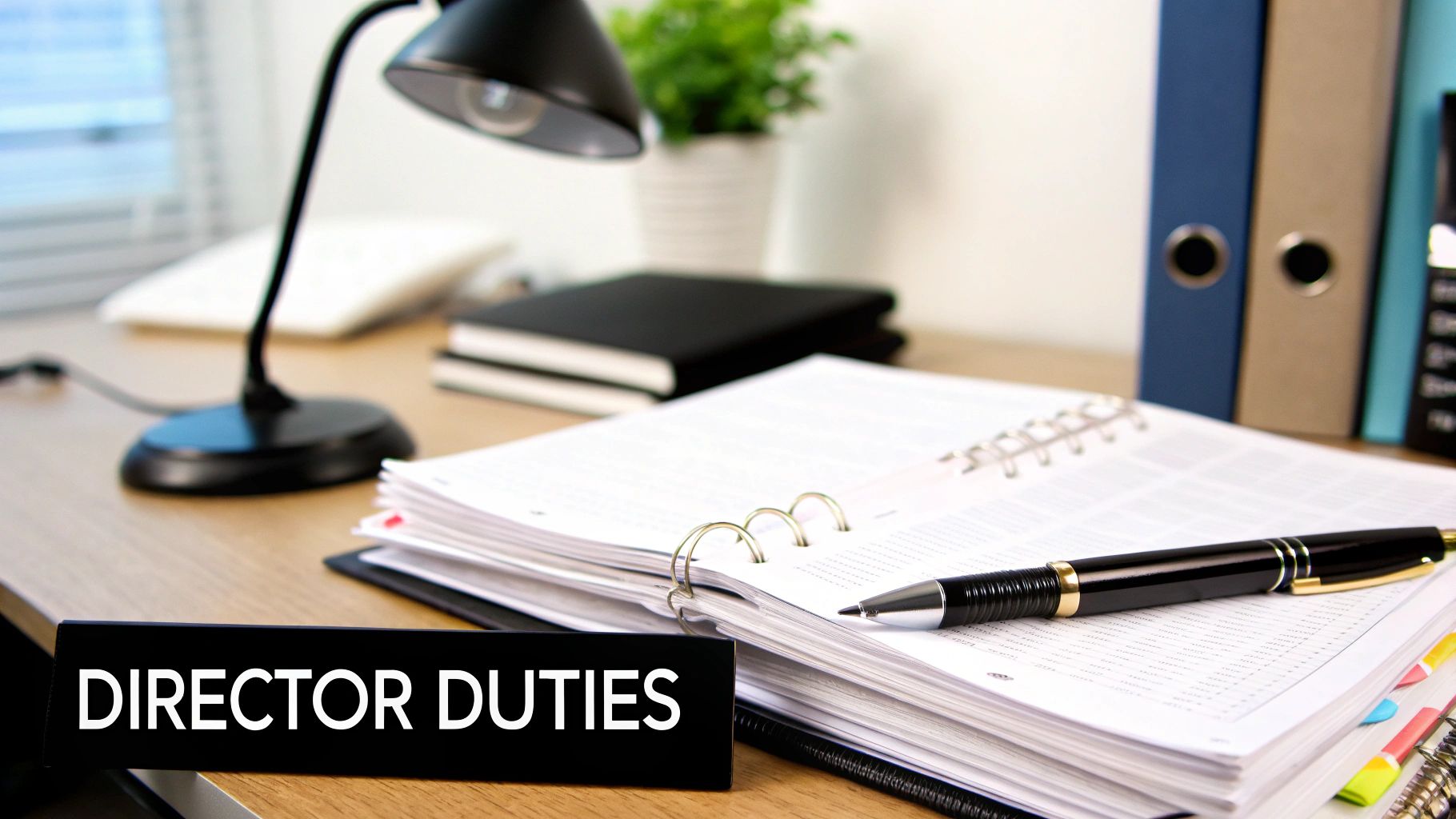 A person signing a formal document at a desk, symbolising the legal responsibilities of a company director.