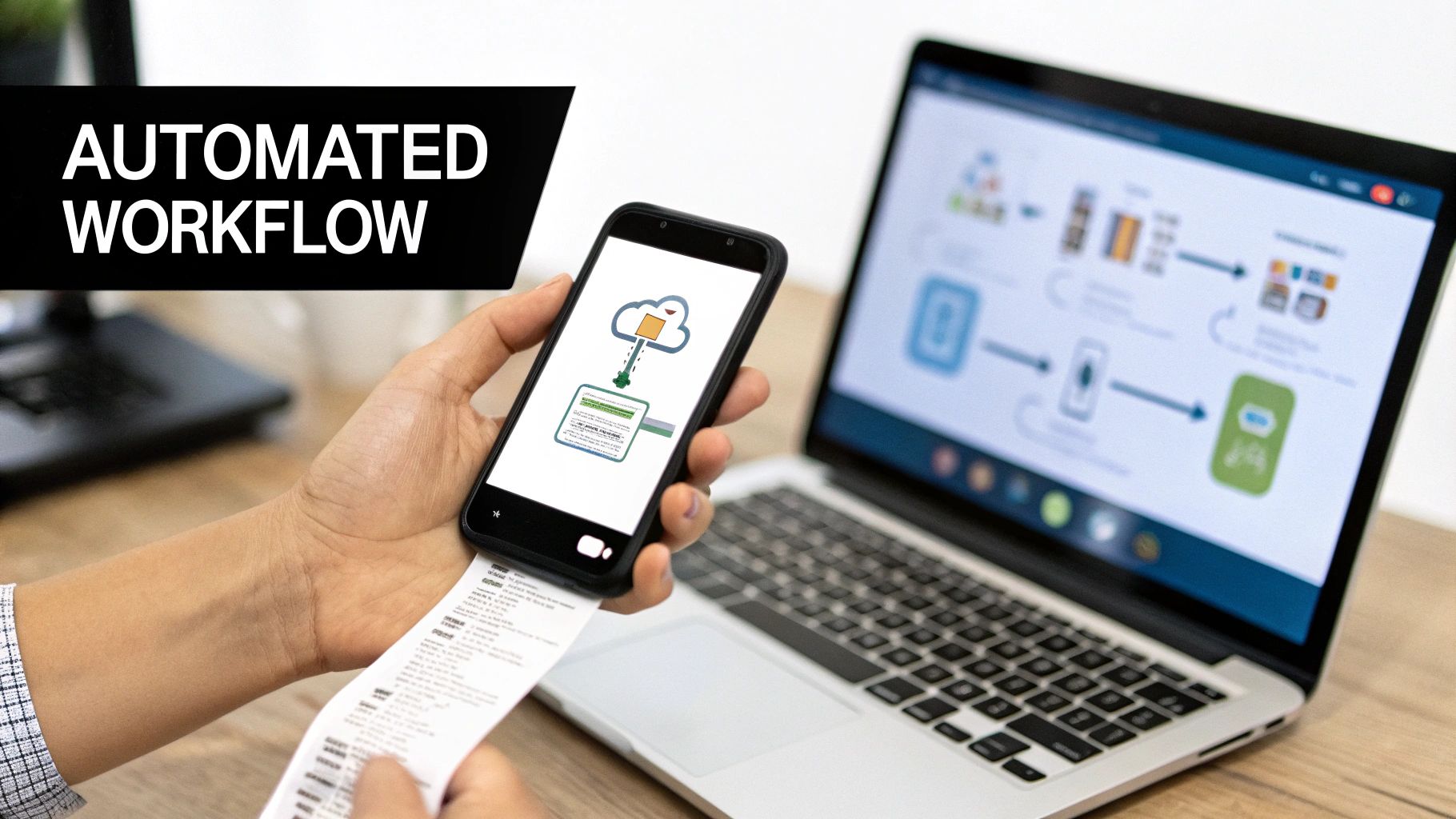 Person scanning a paper receipt with a smartphone, showing automated workflow and cloud integration.