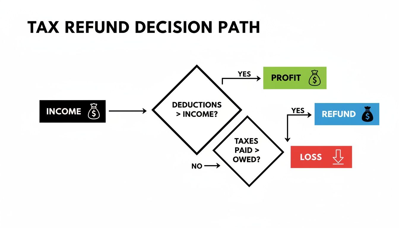 Flowchart illustrating the tax refund decision path based on income, deductions, and taxes.