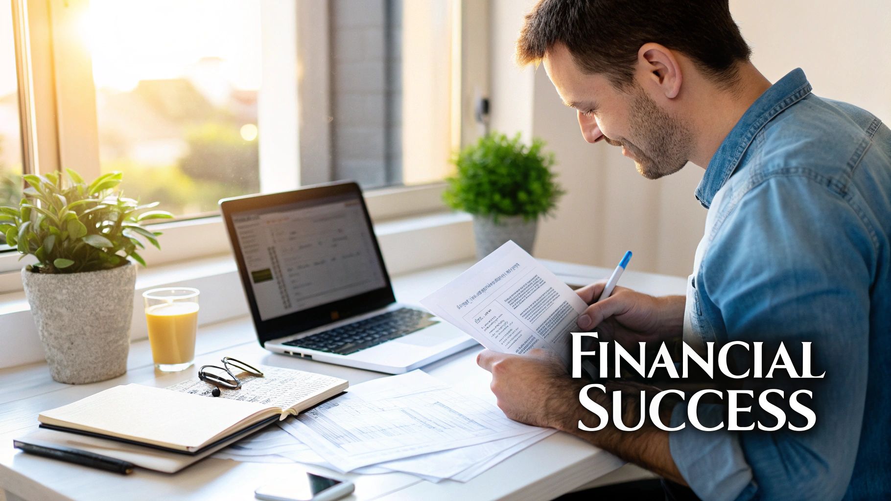 Man reviewing financial documents at a desk with a laptop and plants, symbolizing financial planning.