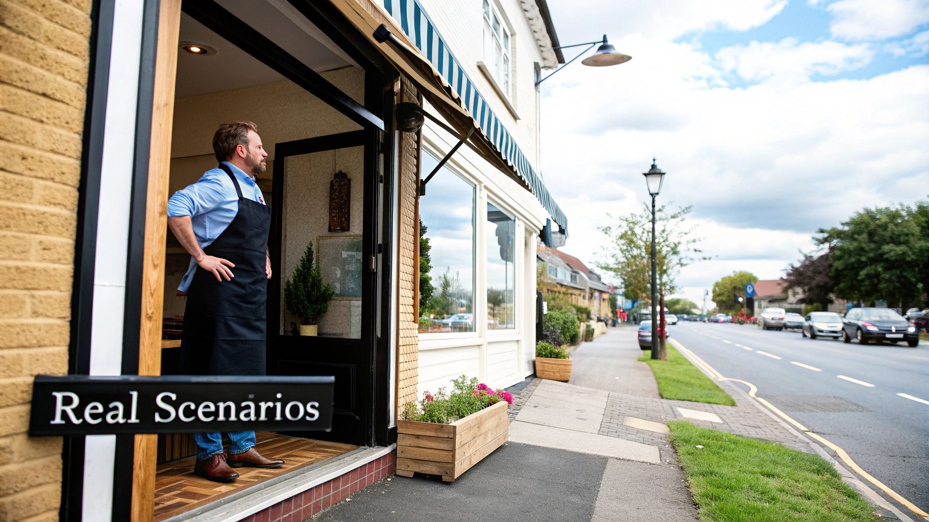 A shop owner in an apron stands at his doorway, looking out at a street with cars.