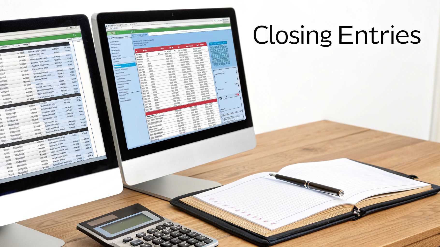 Two monitors display financial data and spreadsheets on a wooden desk with a calculator, notebook, and pen, illustrating closing entries.