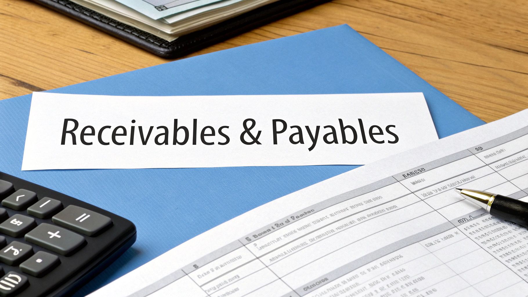 A white label on a blue folder reads 'Receivables & Payables,' with a calculator and documents nearby.