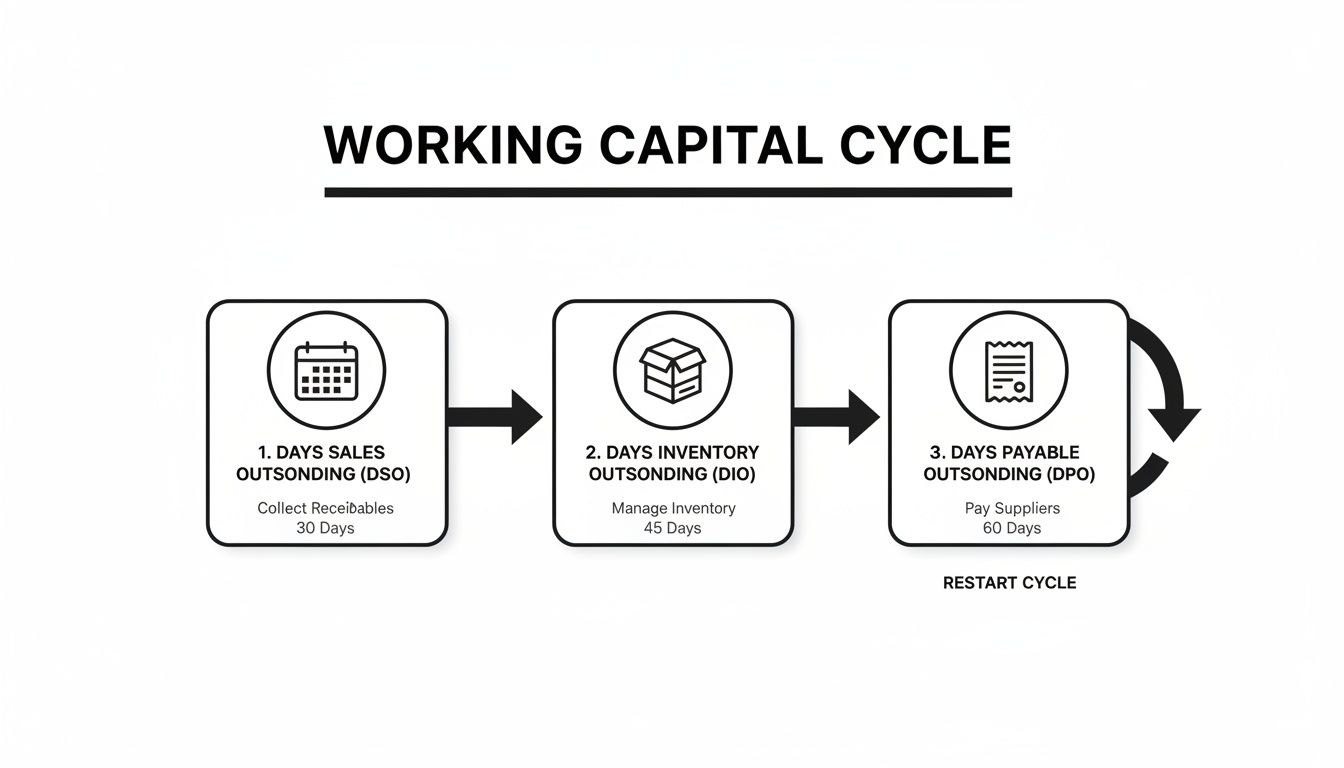 Flowchart illustrating the Working Capital Cycle with Days Sales Outstanding, Days Inventory Outstanding, and Days Payable Outstanding stages.