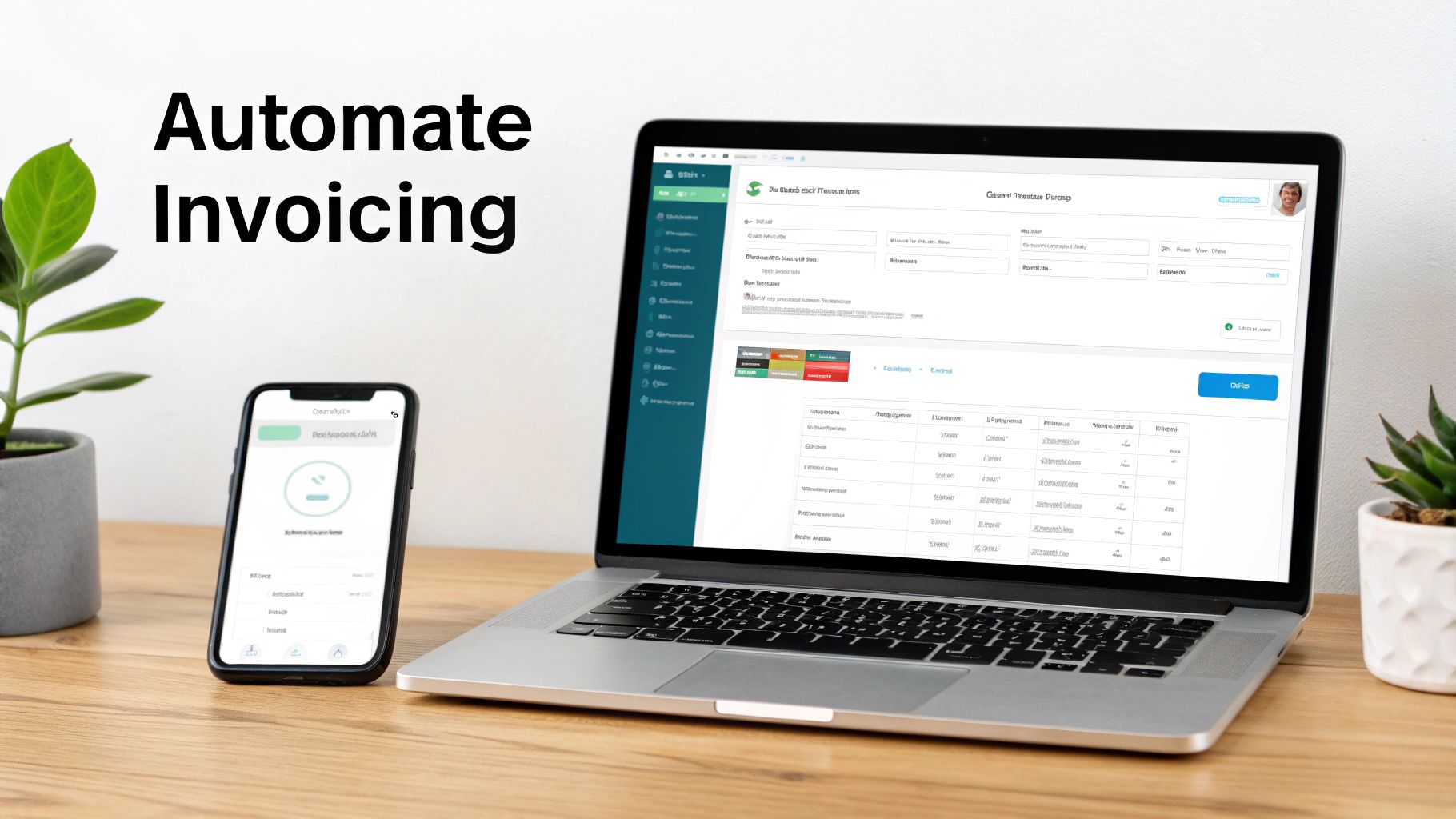 A laptop and smartphone on a wooden desk display invoicing software, promoting automated billing.