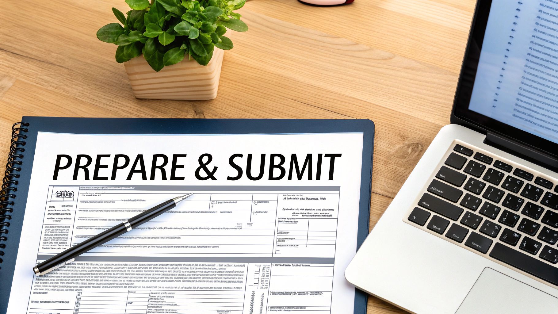 Overhead shot of a document titled 'PREPARE & SUBMIT' with a pen, laptop, and plant on a desk.