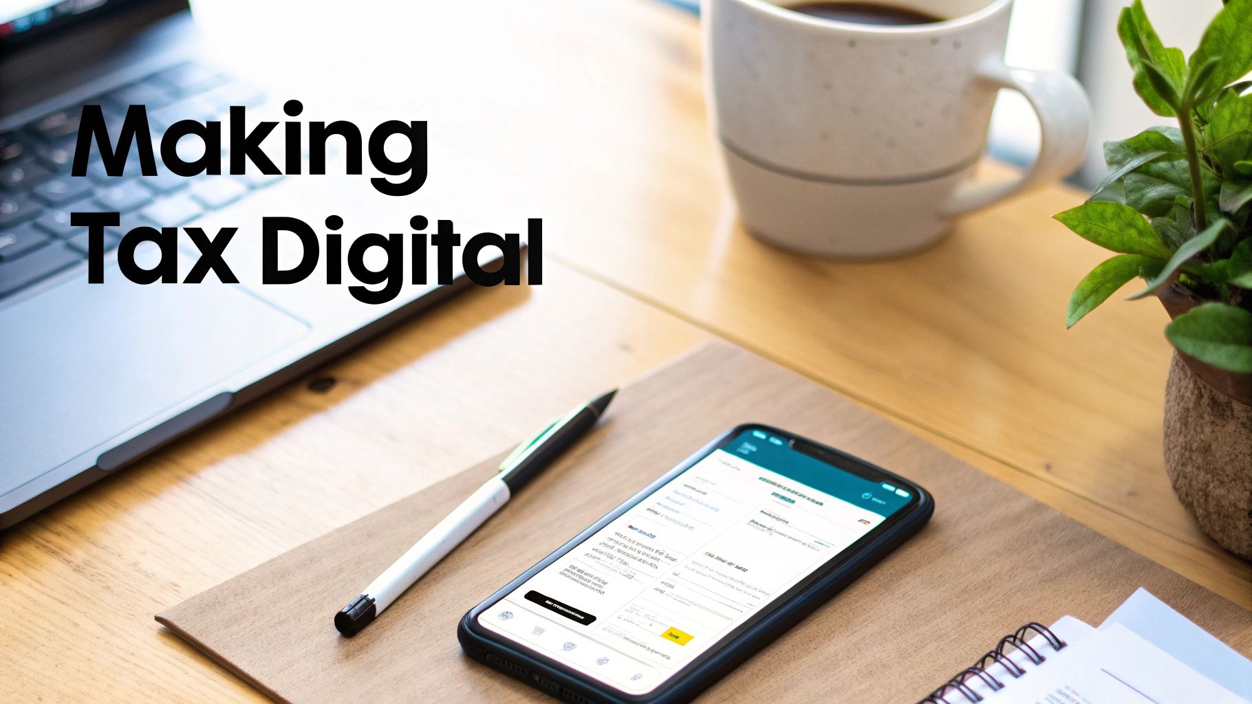 A workspace with a laptop, coffee, plant, pen, and smartphone displaying a digital tax application.