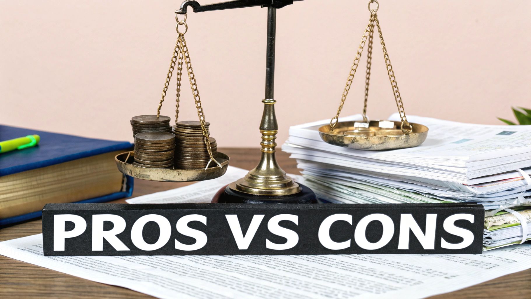 A scale balancing two objects representing pros and cons