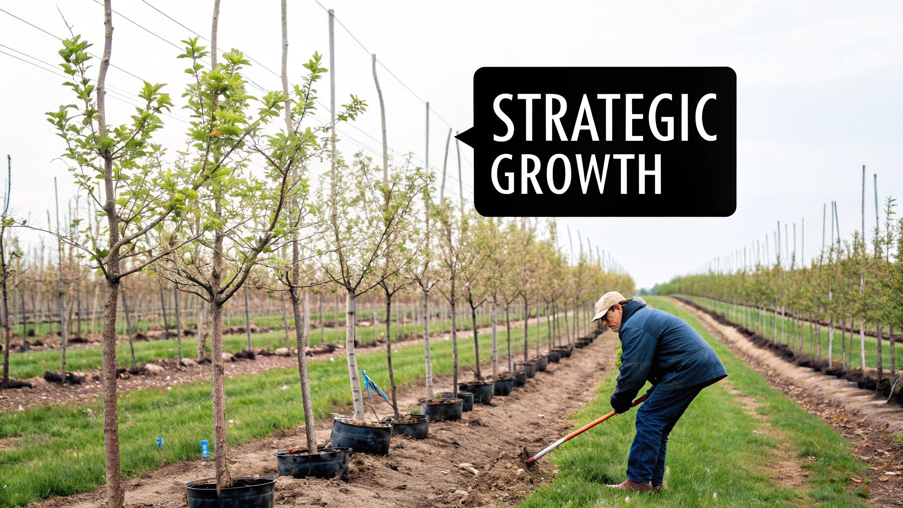 A person works in an orchard, planting young trees in rows, with a 'STRATEGIC GROWTH' speech bubble.