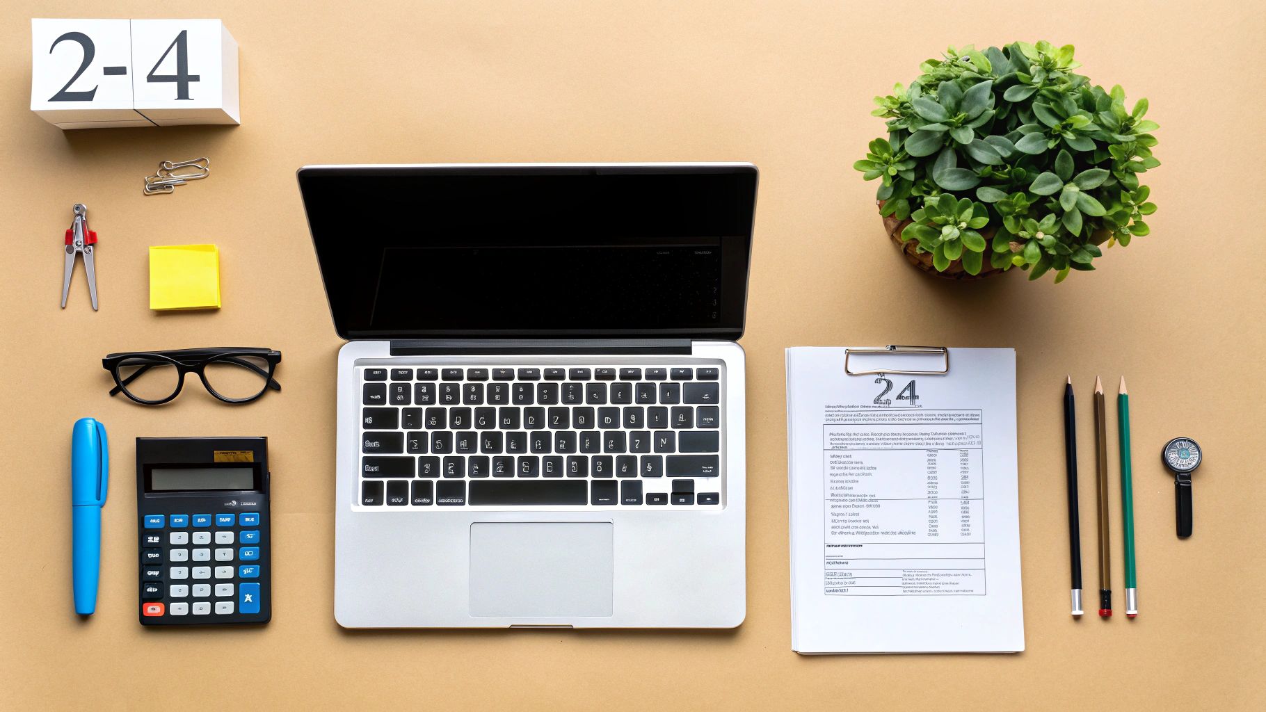 Top-down view of a business owner's desk with laptop, calculator, calendar, and office supplies.
