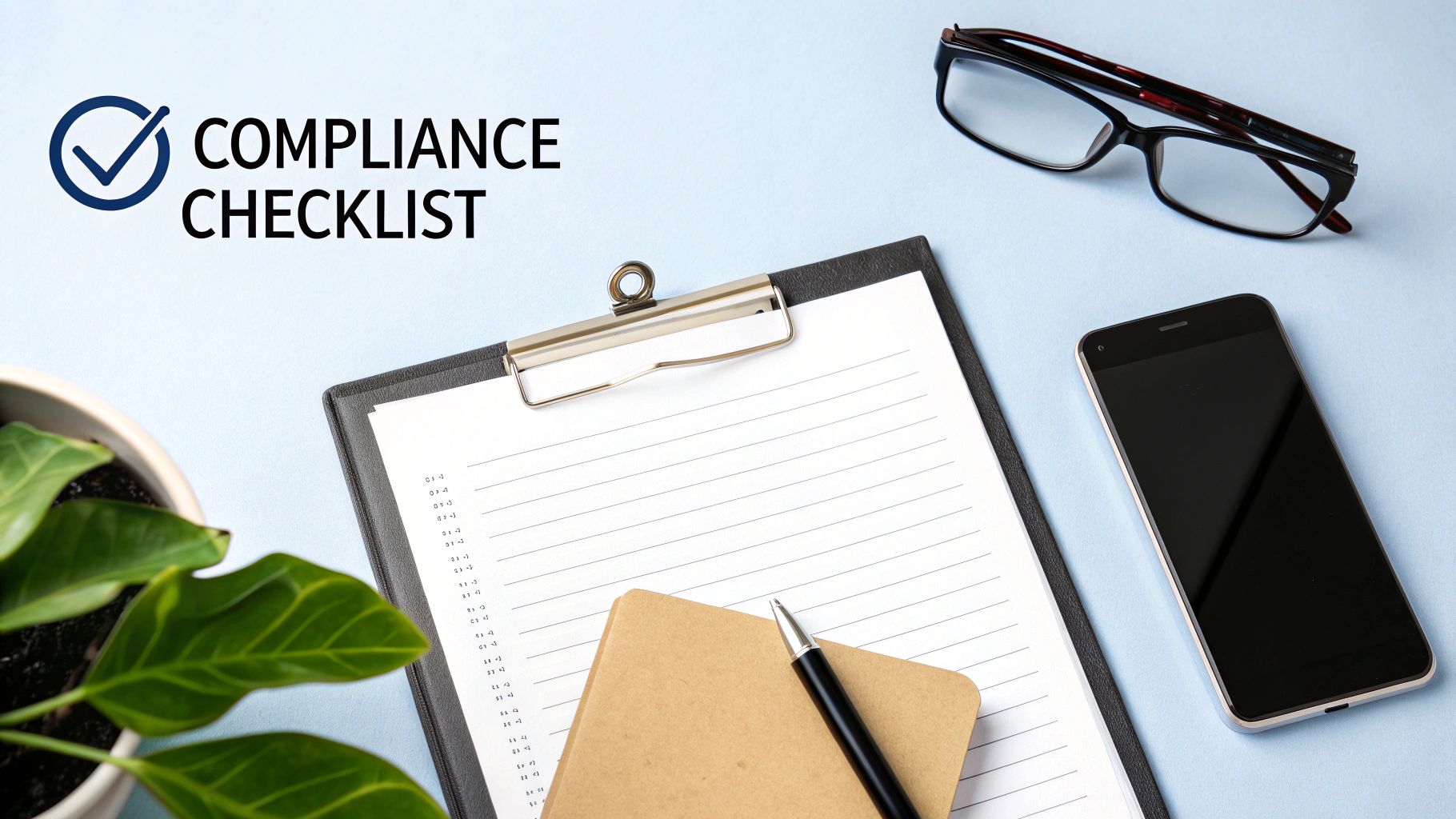 Compliance checklist with a checkmark icon, clipboard, pen, glasses, and a smartphone on a blue background.