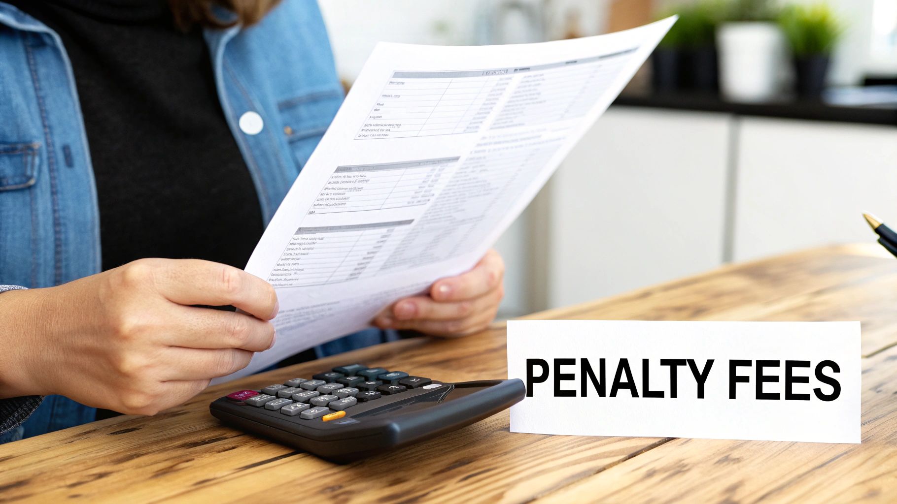 A person looking stressed while reviewing financial documents and a calendar with a deadline circled