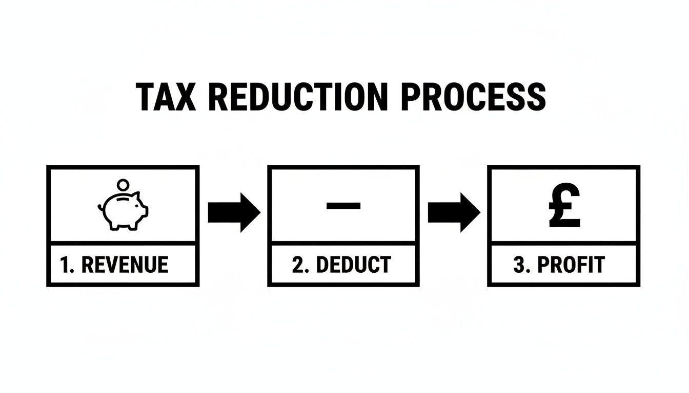 A flowchart showing the tax reduction process with steps: 1. Revenue (piggy bank), 2. Deduct (minus sign), 3. Profit (pound sign).