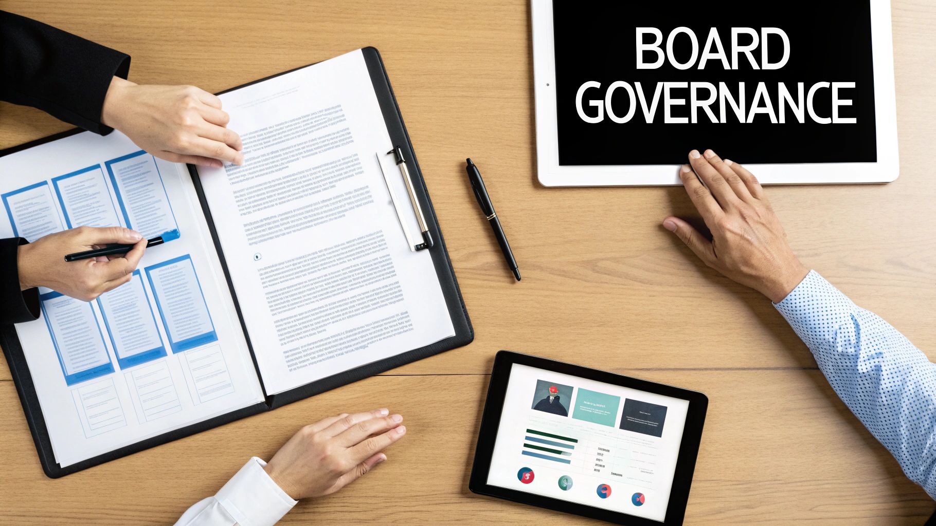 A group of professionals in a formal business meeting, discussing documents around a large table