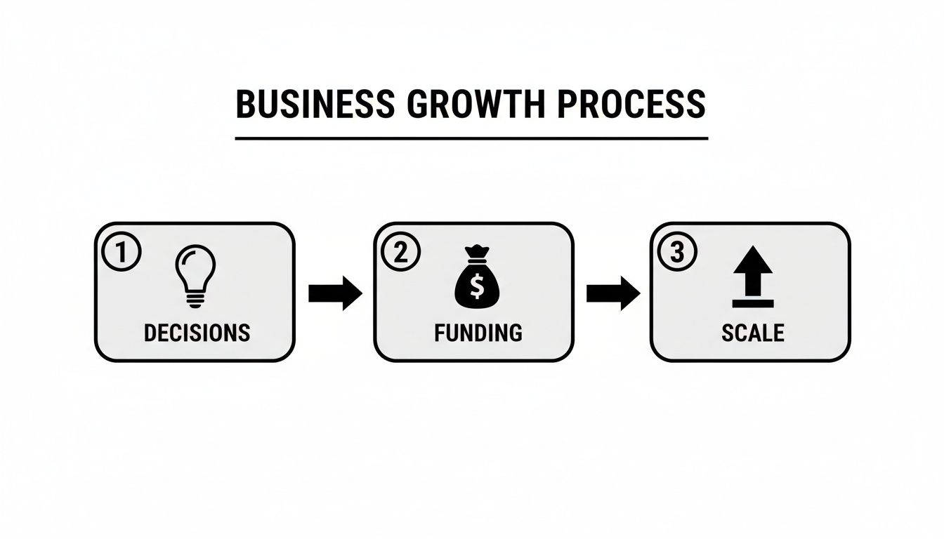 A simple flowchart outlining the business growth process, including decisions, funding, and scaling.