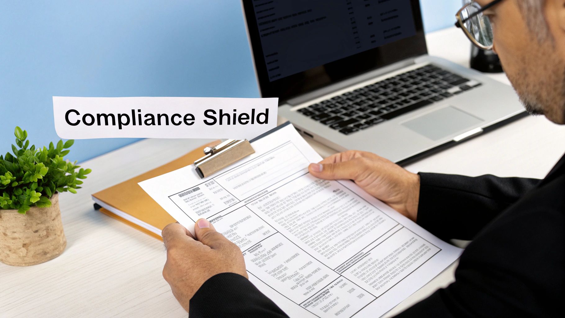 Professional reviews a document on a clipboard, laptop in background, with 'Compliance Shield' text.