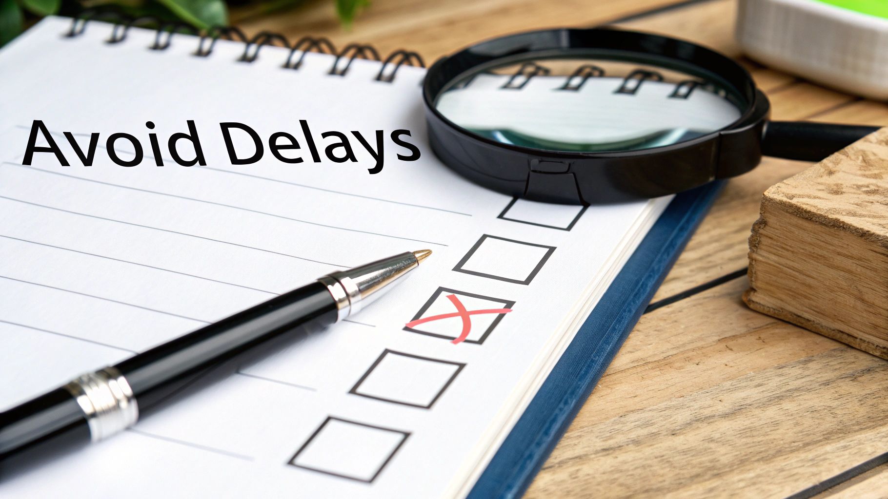A notepad with 'Avoid Delays' written, a pen, and a magnifying glass next to a checklist with one box crossed on a wooden table.