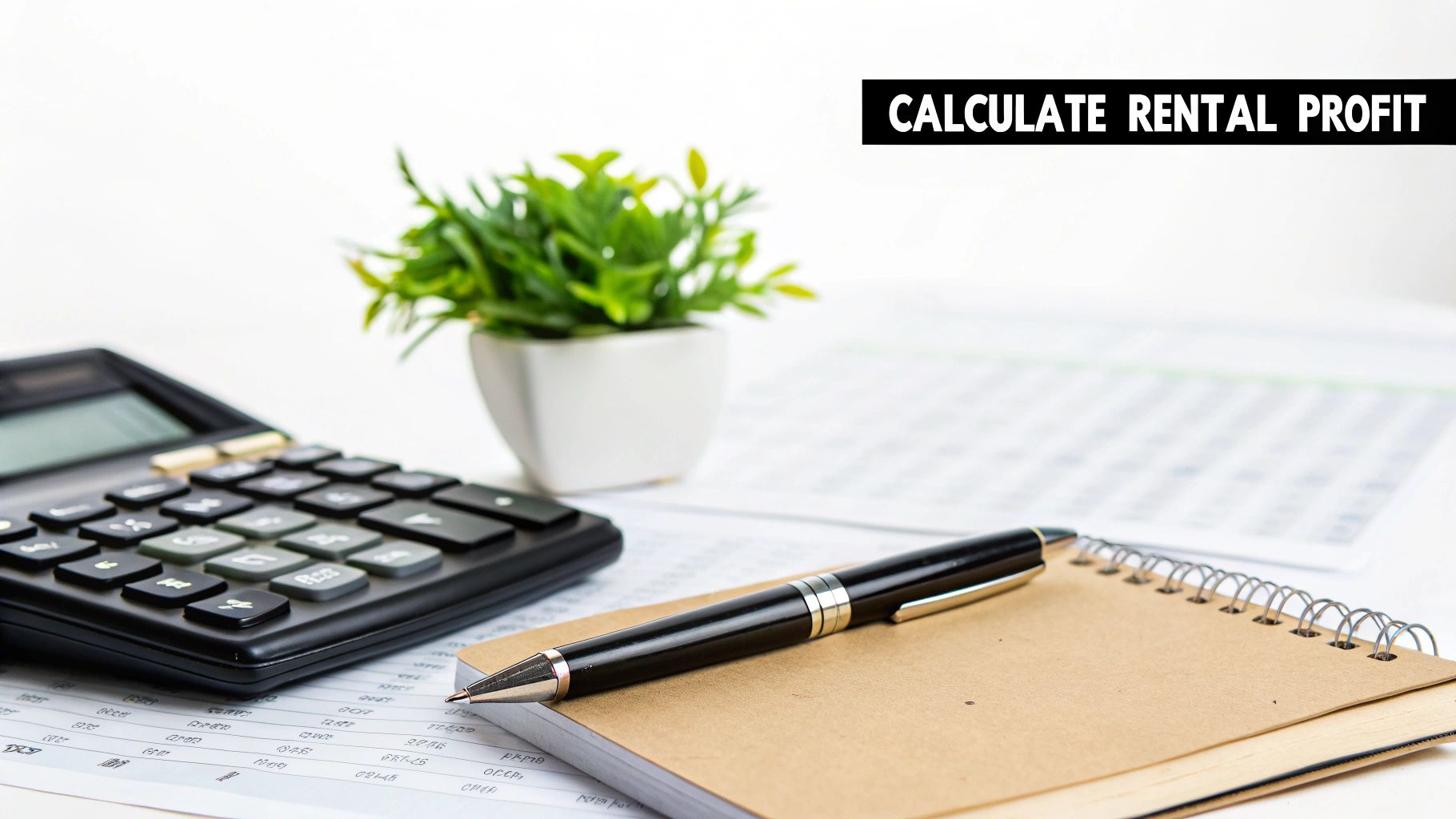 Calculator, pens, and notebook on desk with calculate rental profit text overlay