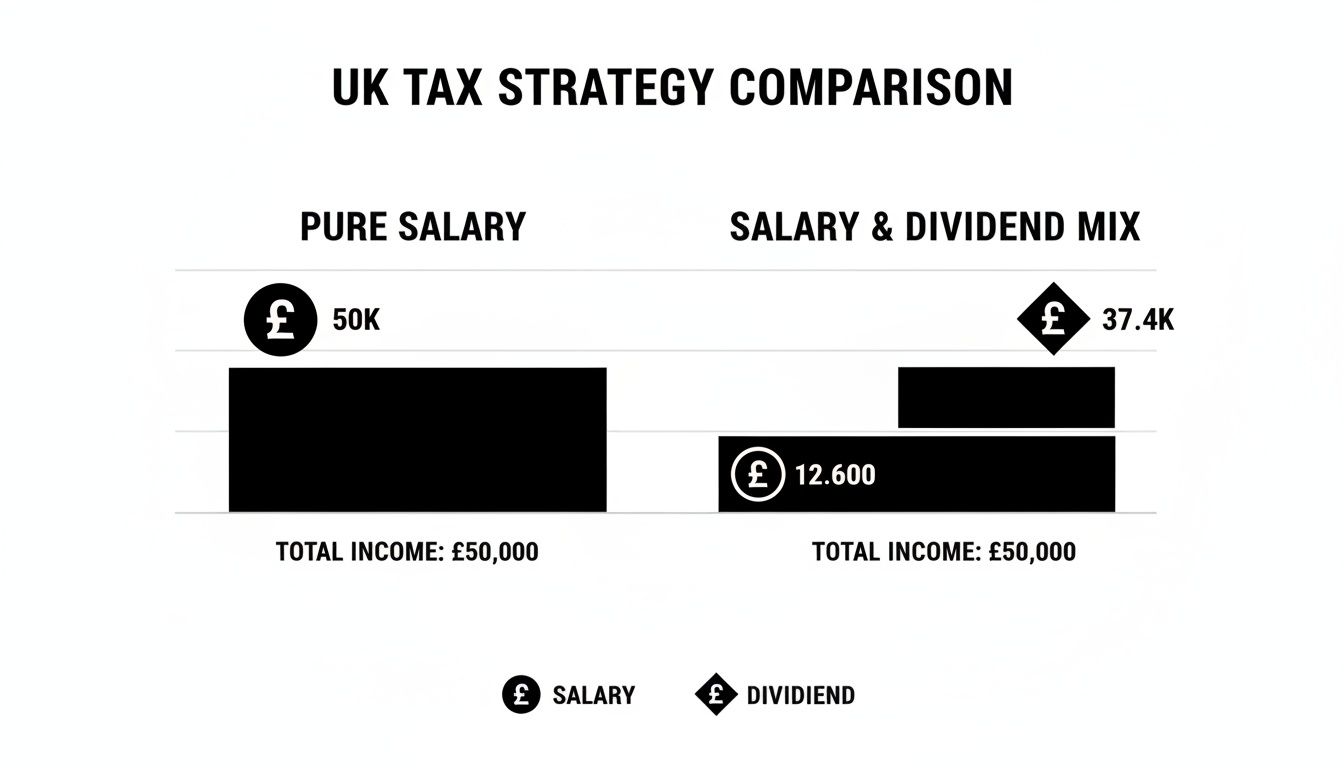 A bar chart comparing UK tax strategies: pure salary vs salary and dividend mix for £50,000 income.