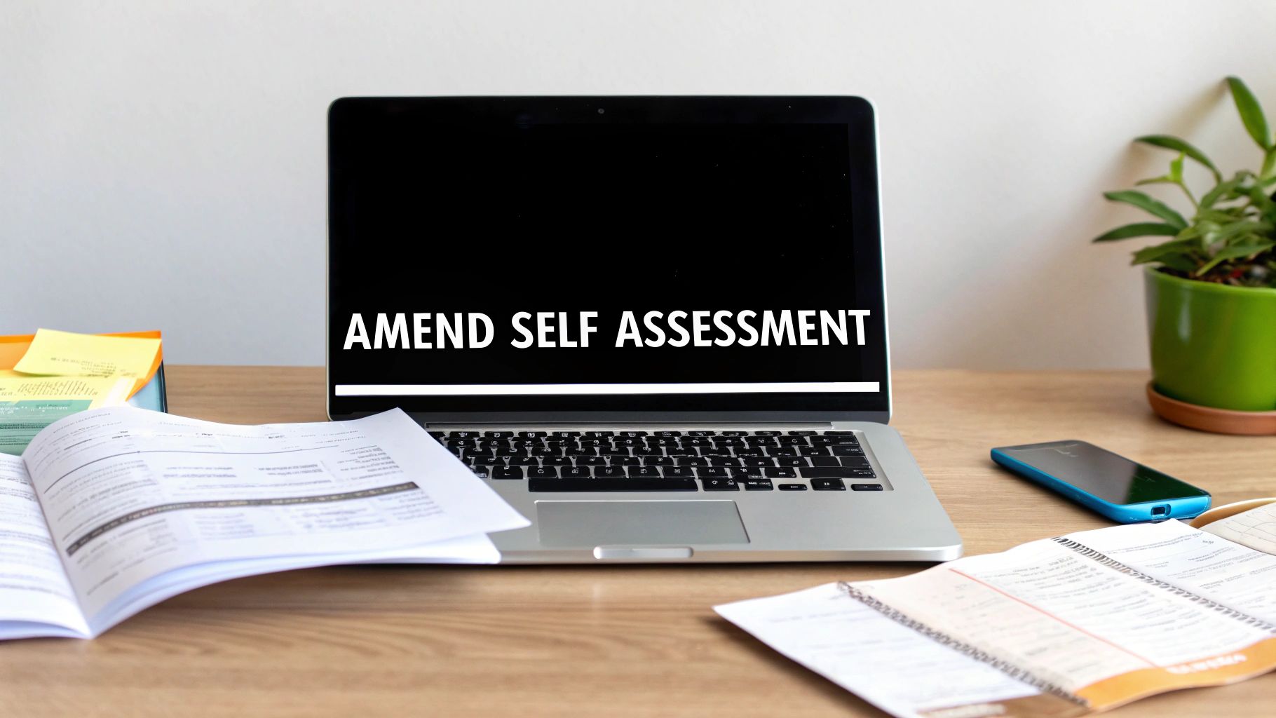 A laptop screen displaying 'AMEND SELF ASSESSMENT' with documents, a phone, and a plant on a desk.