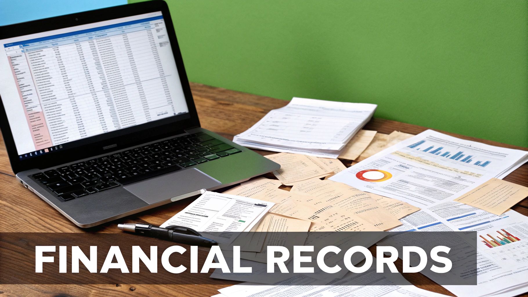 A close-up shot of financial documents, including charts and graphs, with a pen resting on top.