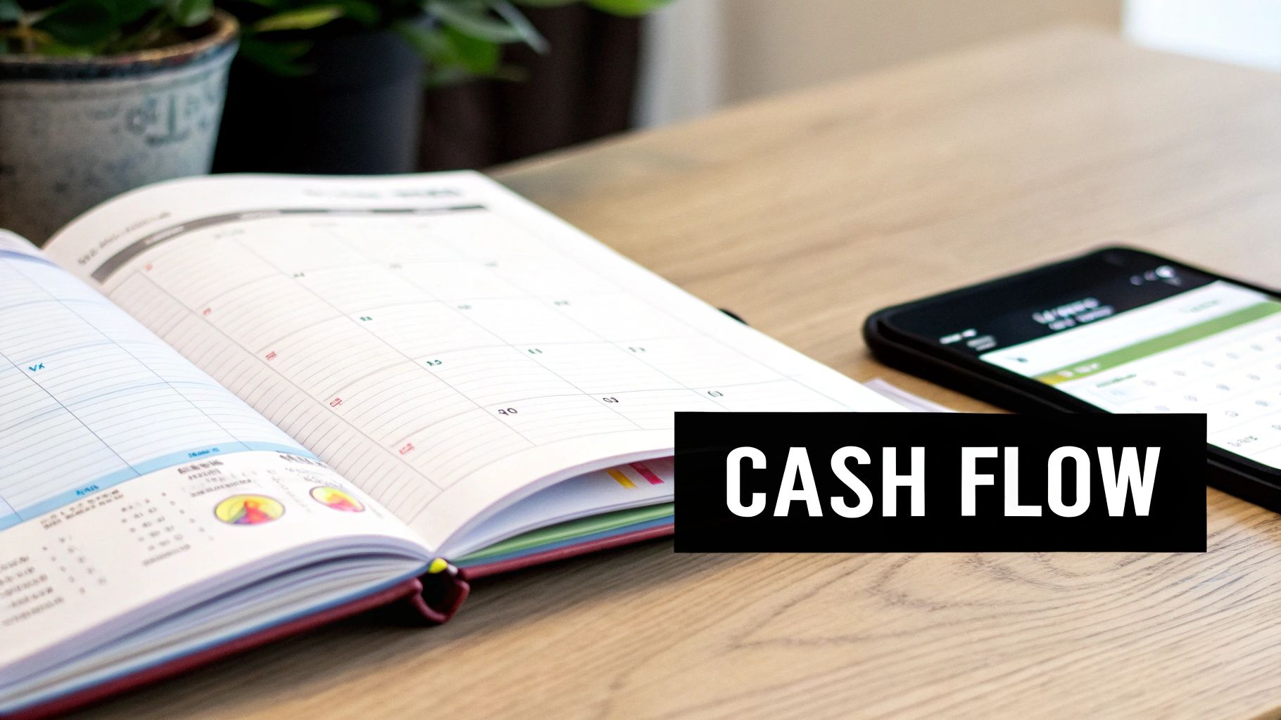 An open planner, a smartphone with a finance app, and "CASH FLOW" text on a wooden desk.
