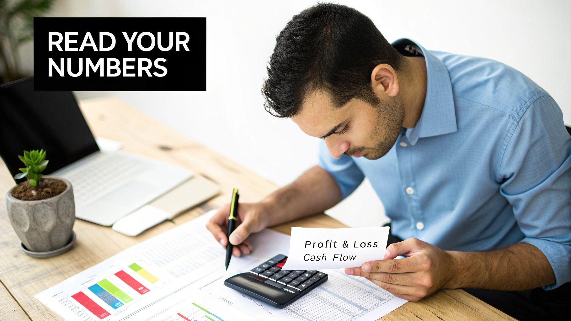A man intensely reviews financial documents, a calculator, and a card titled "Profit & Loss Cash Flow."