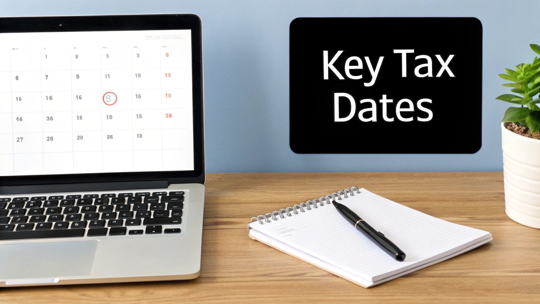A laptop with a calendar showing a circled date next to a 'Key Tax Dates' sign, implying financial planning.