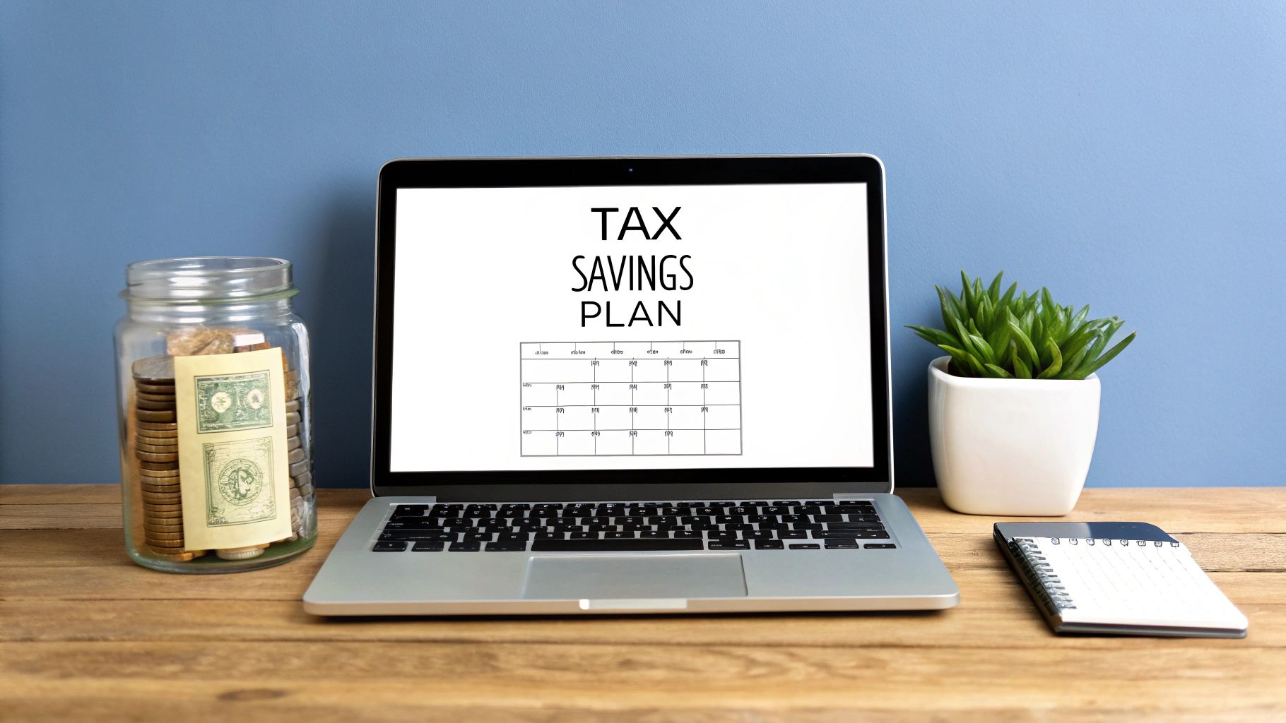 A laptop displaying 'TAX SAVINGS PLAN' next to a money jar and a notebook on a wooden desk.