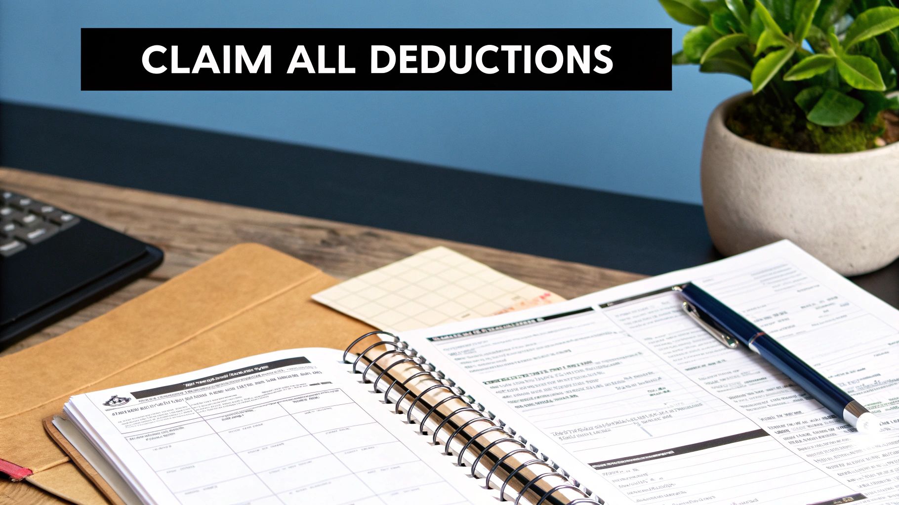 Tax documents, calculator, and notebook on desk for claiming all deductions during tax season