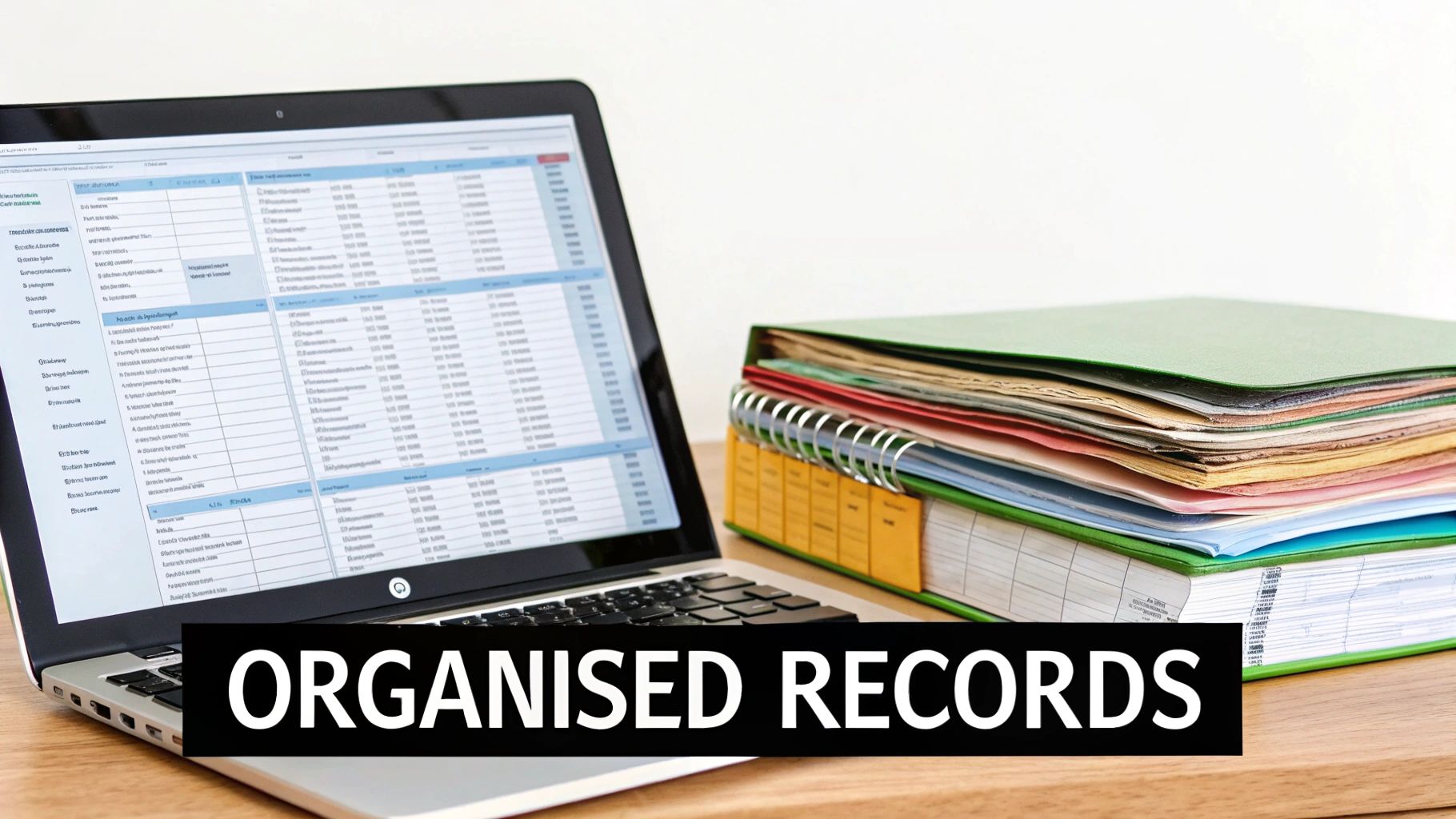 A person at a desk with a laptop, using a calculator and reviewing financial documents, illustrating organized record-keeping.