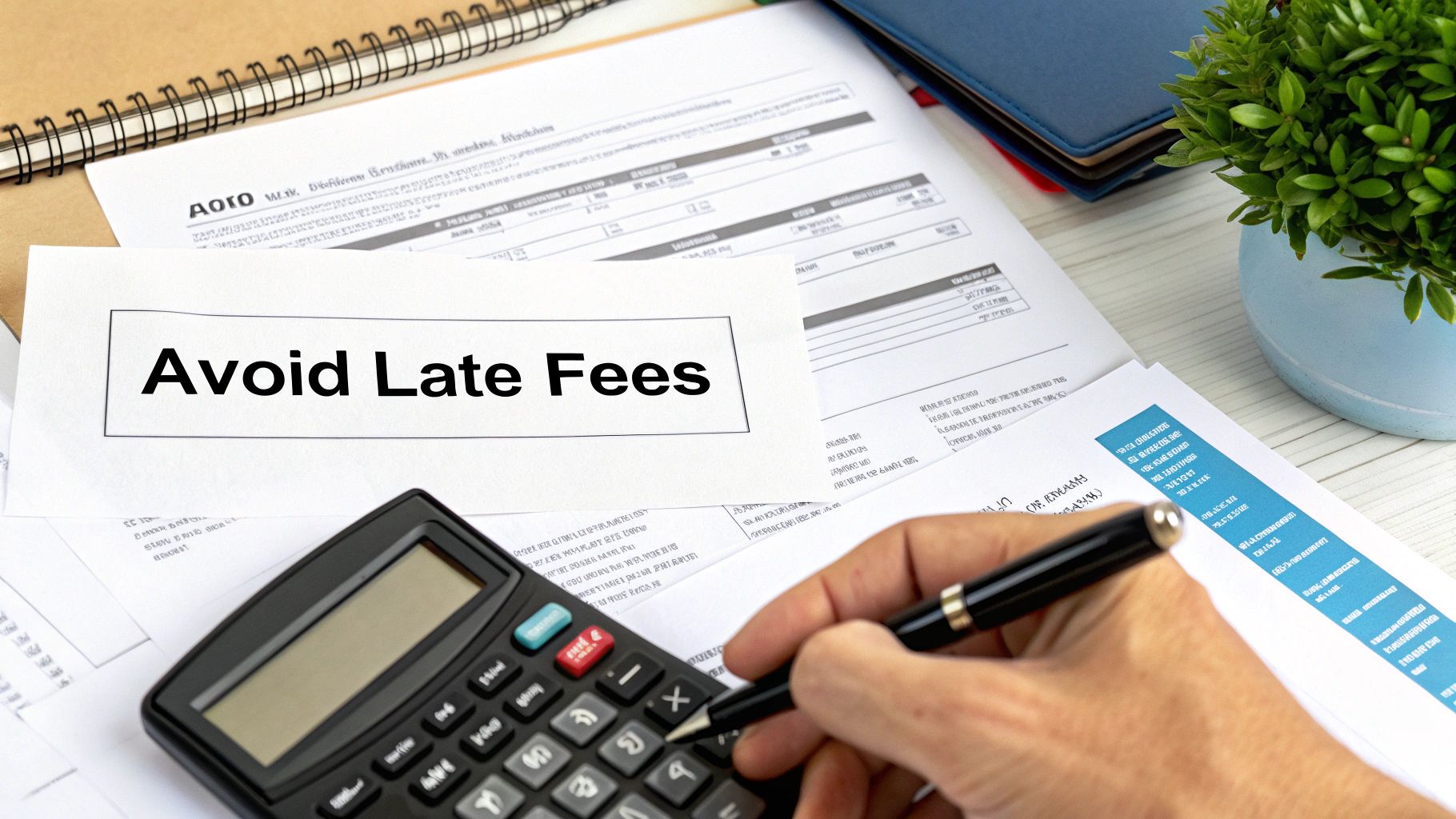 Person calculating bills with calculator to avoid late payment fees on tax documents